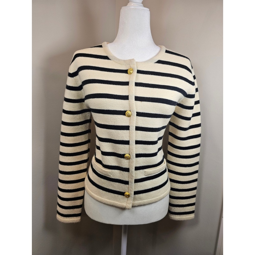 Sandro Paris Striped Wool Blend Cardigan Gold Crest Button Sweater black Cream S